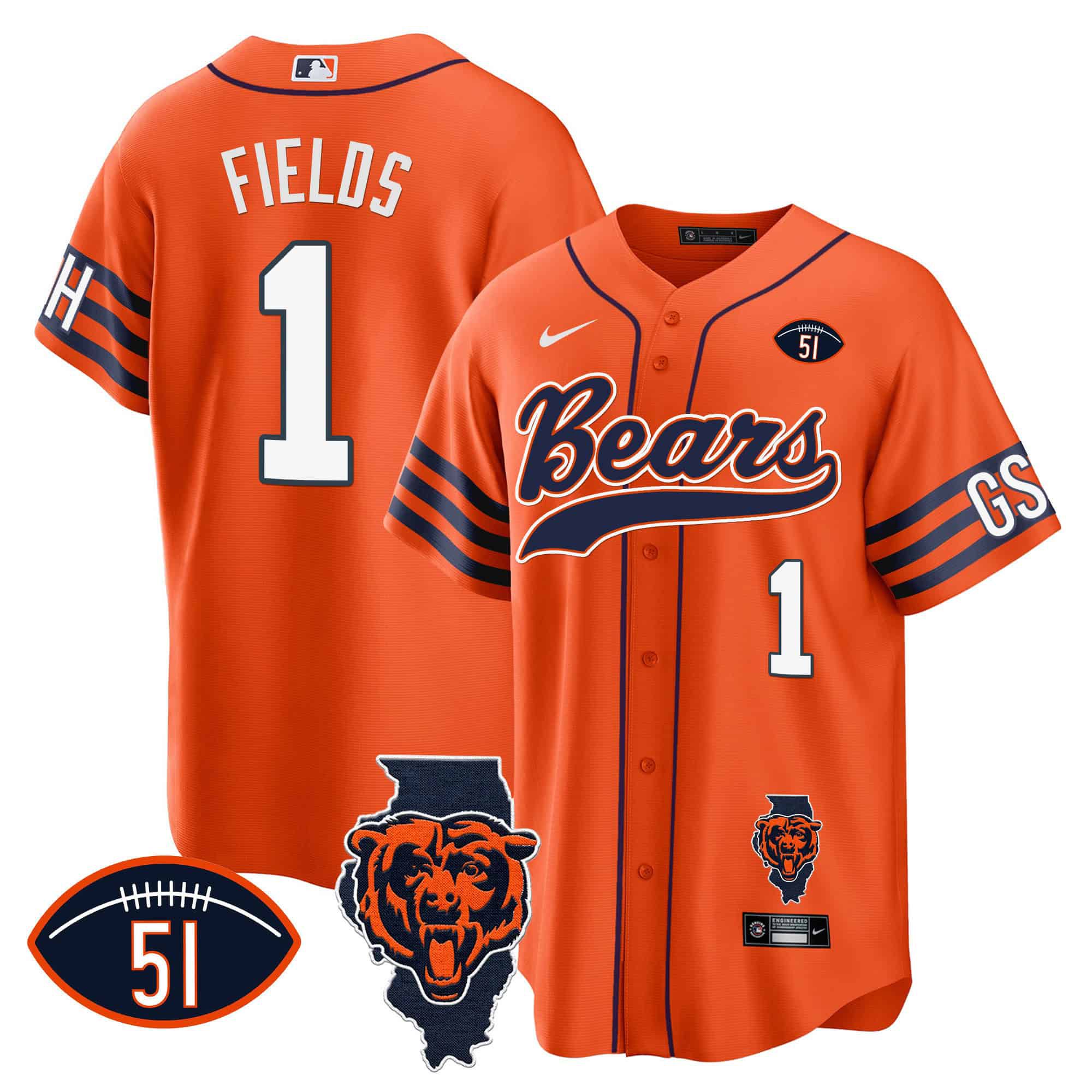 Men Chicago Bears #1 Fields Orange 2024 Nike Patch Baseball NFL Jersey